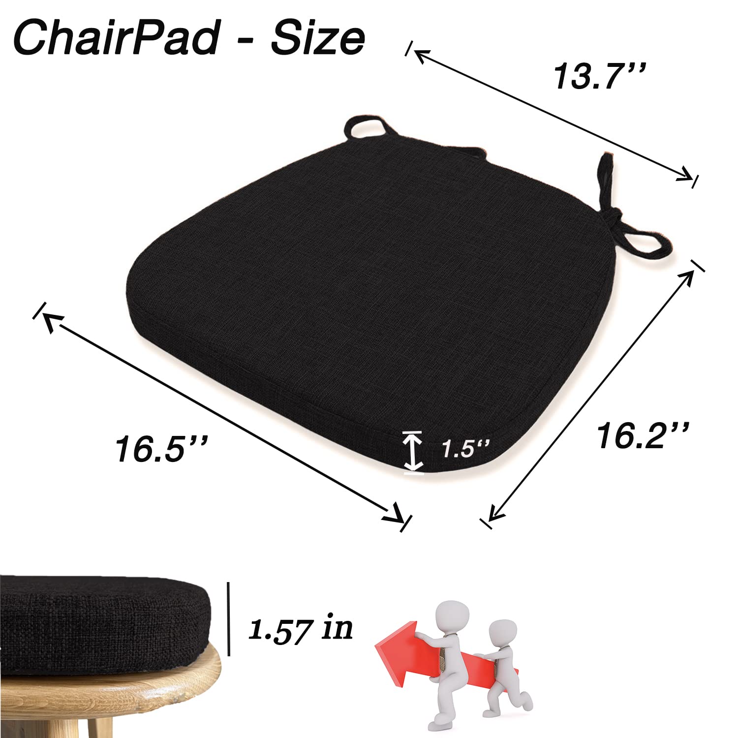 KGPLOME Chair Cushion with Ties for Dining Chair - Memory Foam No Slip Kitchen Chair pad and Dining Room Seat Cushion with Machine Washable Cover [16.5 X 16.2 Inches] - Black