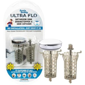 drain buddy ultra flo- 2 in 1 bathroom sink stopper & hair catcher w/patented pull clean technology! | fits 1.25” sink drains, clog preventing | chrome metal cap / 1 replacement basket