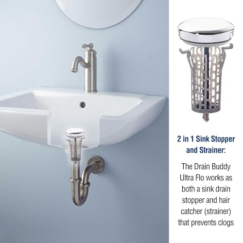 Drain Buddy Ultra Flo- 2 in 1 Bathroom Sink Stopper & Hair Catcher W/Patented Pull Clean Technology! | Fits 1.25” Sink Drains, Clog Preventing | Chrome Metal Cap / 1 Replacement Basket