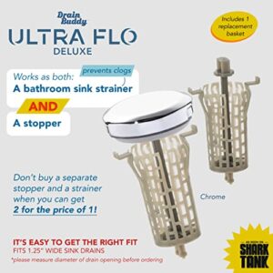 Drain Buddy Ultra Flo- 2 in 1 Bathroom Sink Stopper & Hair Catcher W/Patented Pull Clean Technology! | Fits 1.25” Sink Drains, Clog Preventing | Chrome Metal Cap / 1 Replacement Basket