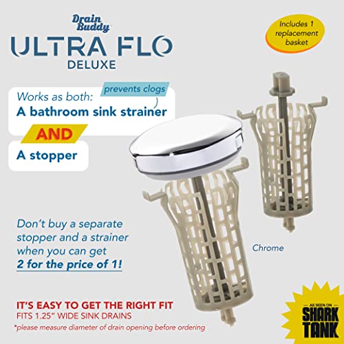 Drain Buddy Ultra Flo- 2 in 1 Bathroom Sink Stopper & Hair Catcher W/Patented Pull Clean Technology! | Fits 1.25” Sink Drains, Clog Preventing | Chrome Metal Cap / 1 Replacement Basket