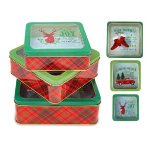 plum designs christmas metal cookie tins set of 3 sizes - decorative cookie tins |gift set| tins with lids, | merry and bright, christmas themes and colors| nesting tins