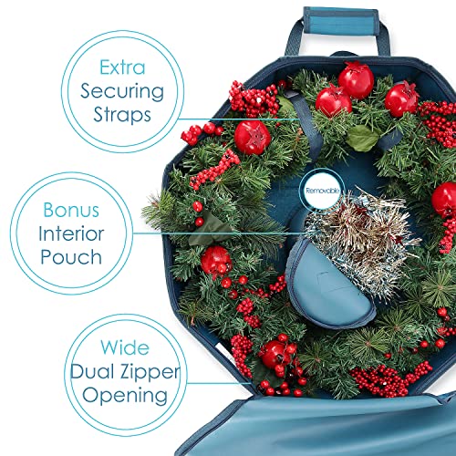 Hearth & Harbor Wreath Storage Container - Hard Shell Christmas Wreath Storage Bag with Interior Pockets, Dual Zipper and Handles - 24" Premium Wreath Storage Organizer Box