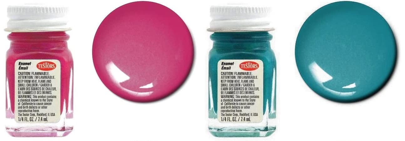 Make Your Day Testors Enamel Paint, Magenta, Gloss Teal, Gloss Grape, Gloss Turquoise, Gloss Sublime, Gloss Tangerine, and Clear Thinner, 1 3/4 Ounce (Pack of 7) Paintbrushes