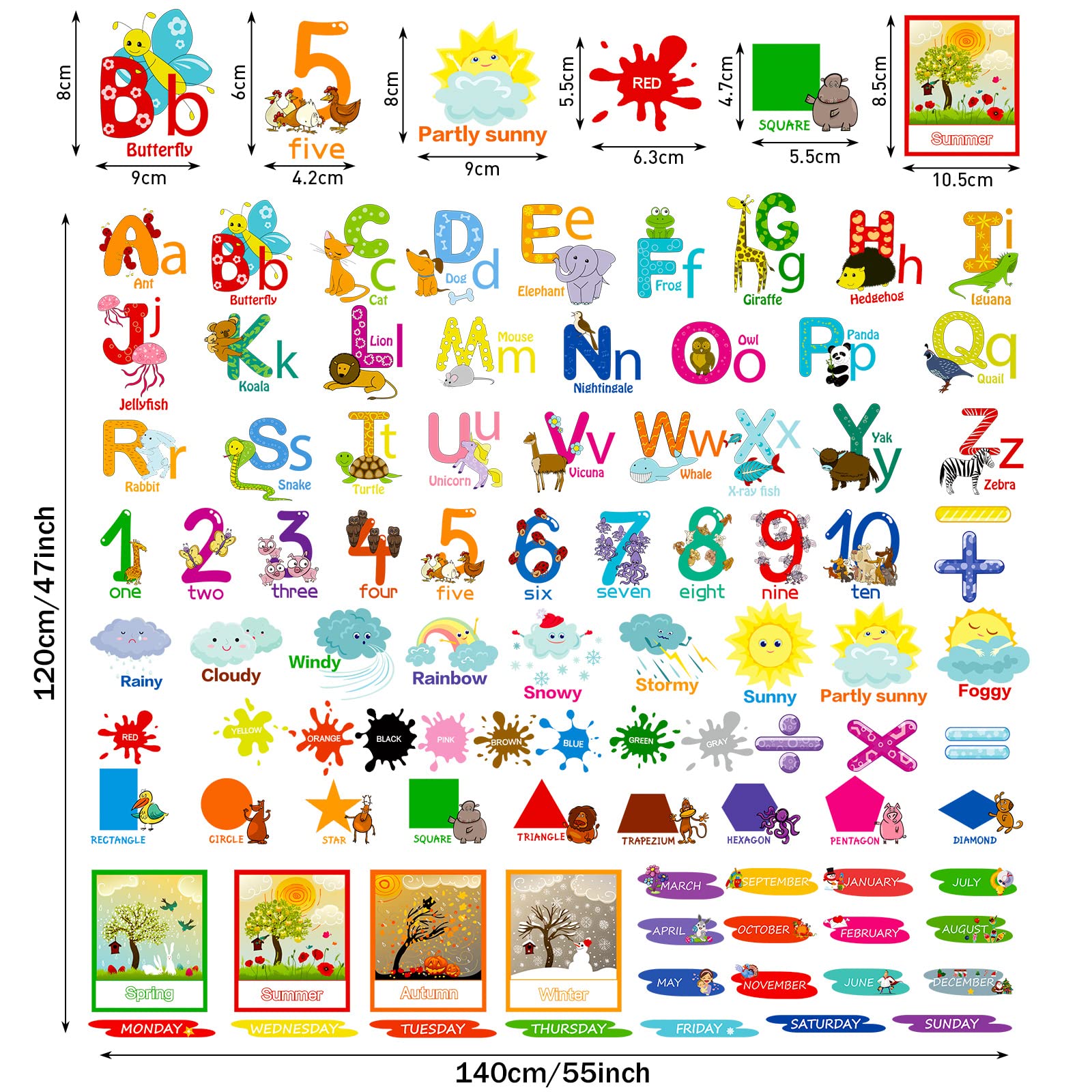 9 Sheets Kids Alphabet Wall Decals Educational Number Wall Stickers Decals Colorful ABC Animal Learning Wall Decals Peel and Stick Removable Stickers for Toddlers Classroom Nursery Bedroom