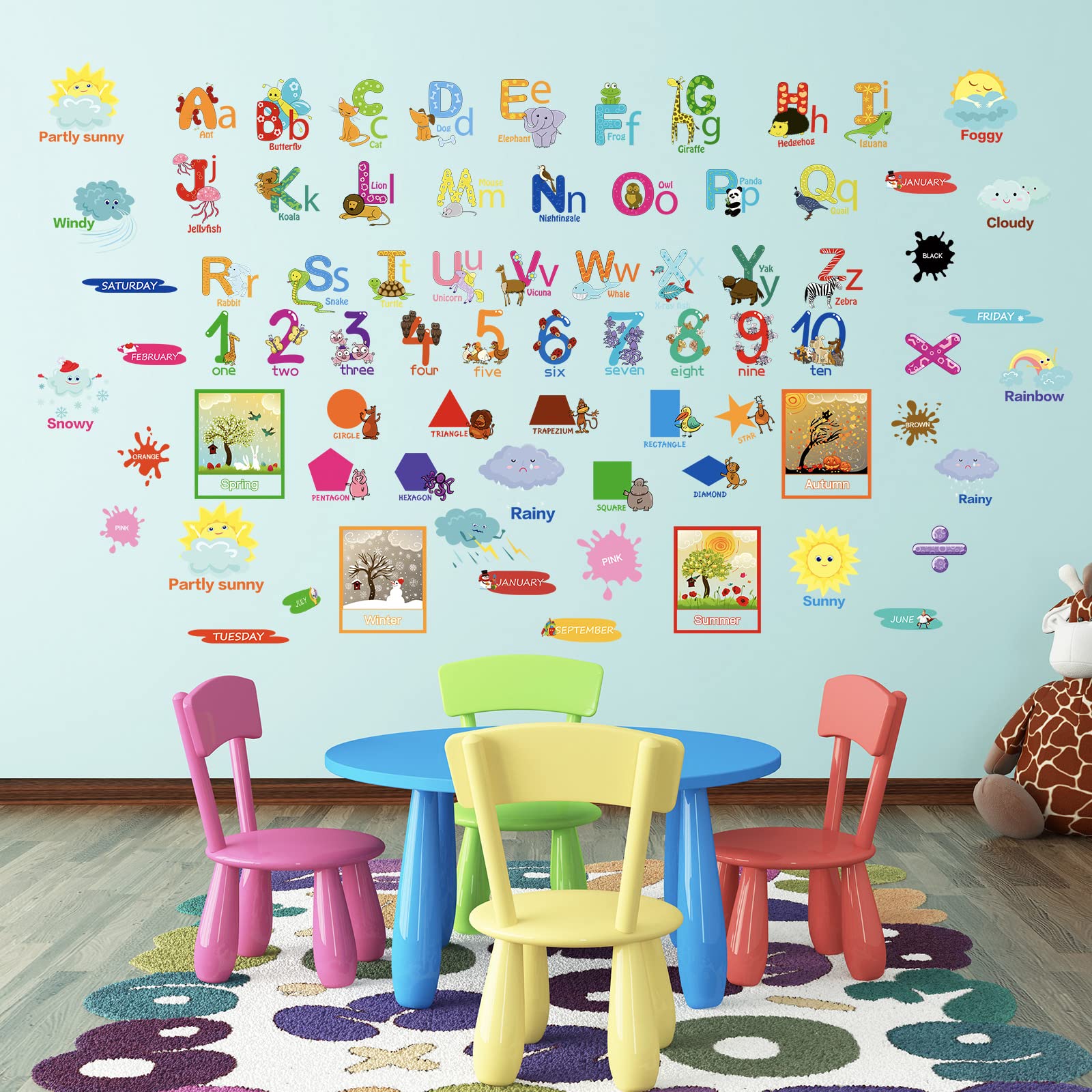 9 Sheets Kids Alphabet Wall Decals Educational Number Wall Stickers Decals Colorful ABC Animal Learning Wall Decals Peel and Stick Removable Stickers for Toddlers Classroom Nursery Bedroom