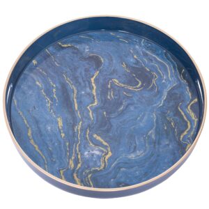 maoname 13" round decorative tray, marbling plastic tray with handles, coffee table tray and serving tray for ottoman, kitchen, bathroom, blue