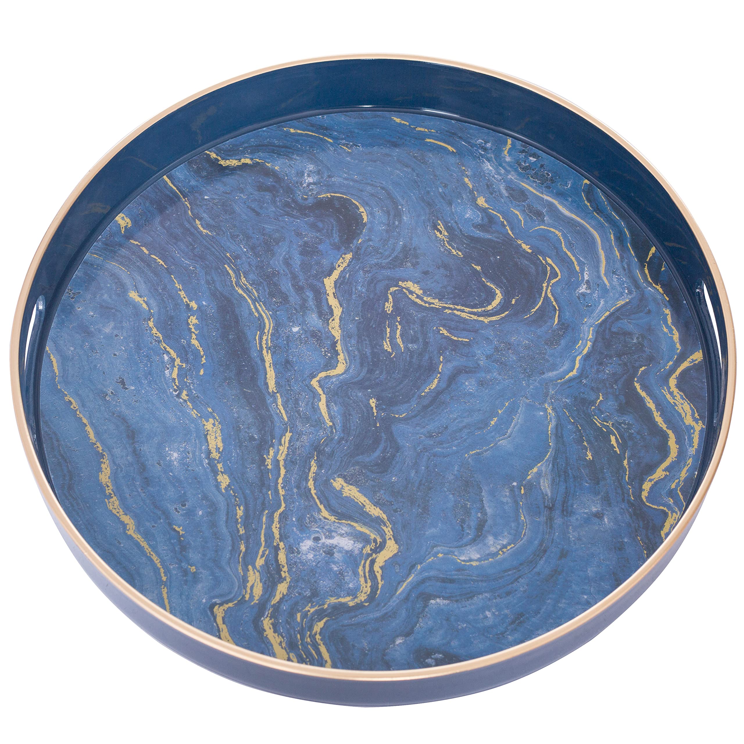 MAONAME 13" Round Decorative Tray, Marbling Plastic Tray with Handles, Coffee Table Tray and Serving Tray for Ottoman, Kitchen, Bathroom, Blue