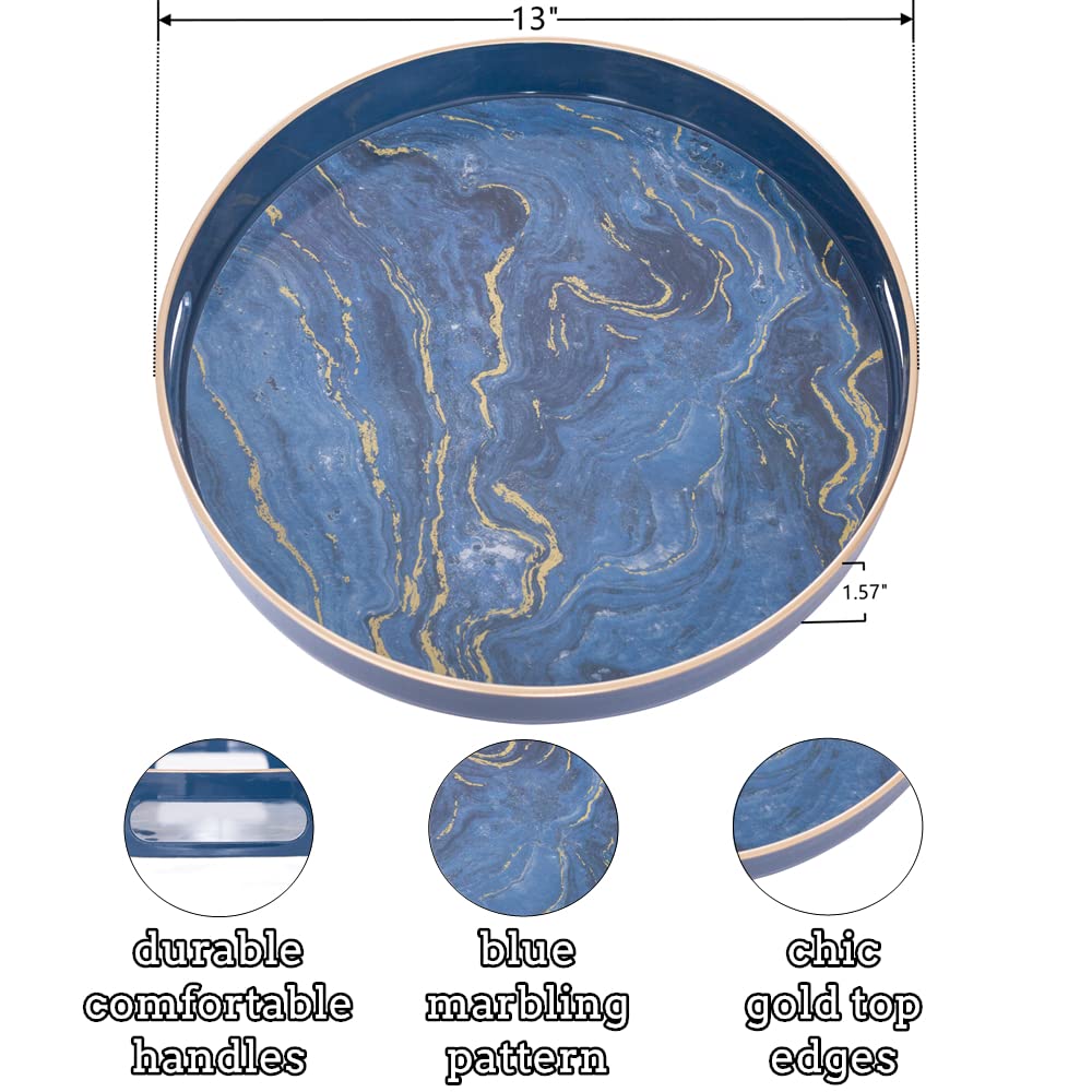 MAONAME 13" Round Decorative Tray, Marbling Plastic Tray with Handles, Coffee Table Tray and Serving Tray for Ottoman, Kitchen, Bathroom, Blue