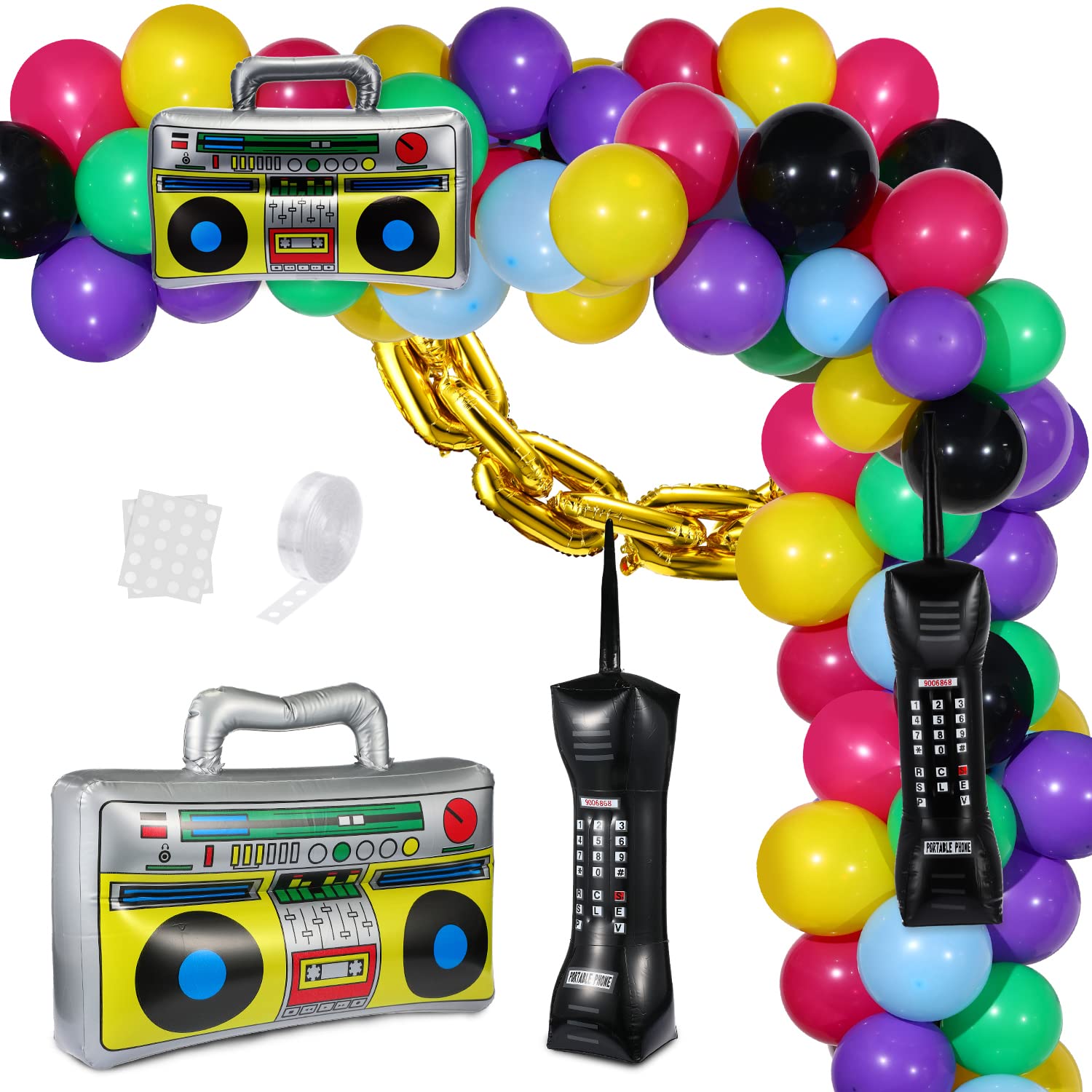 90S 80S Theme Party Balloons Backdrop Decorations Inlcude Inflatable Boom Box Inflatable Retro Mobile Phone Gold Chain Balloons 90s Balloon Garland Kit for Back to 90S 80S Party for Birthday Decor