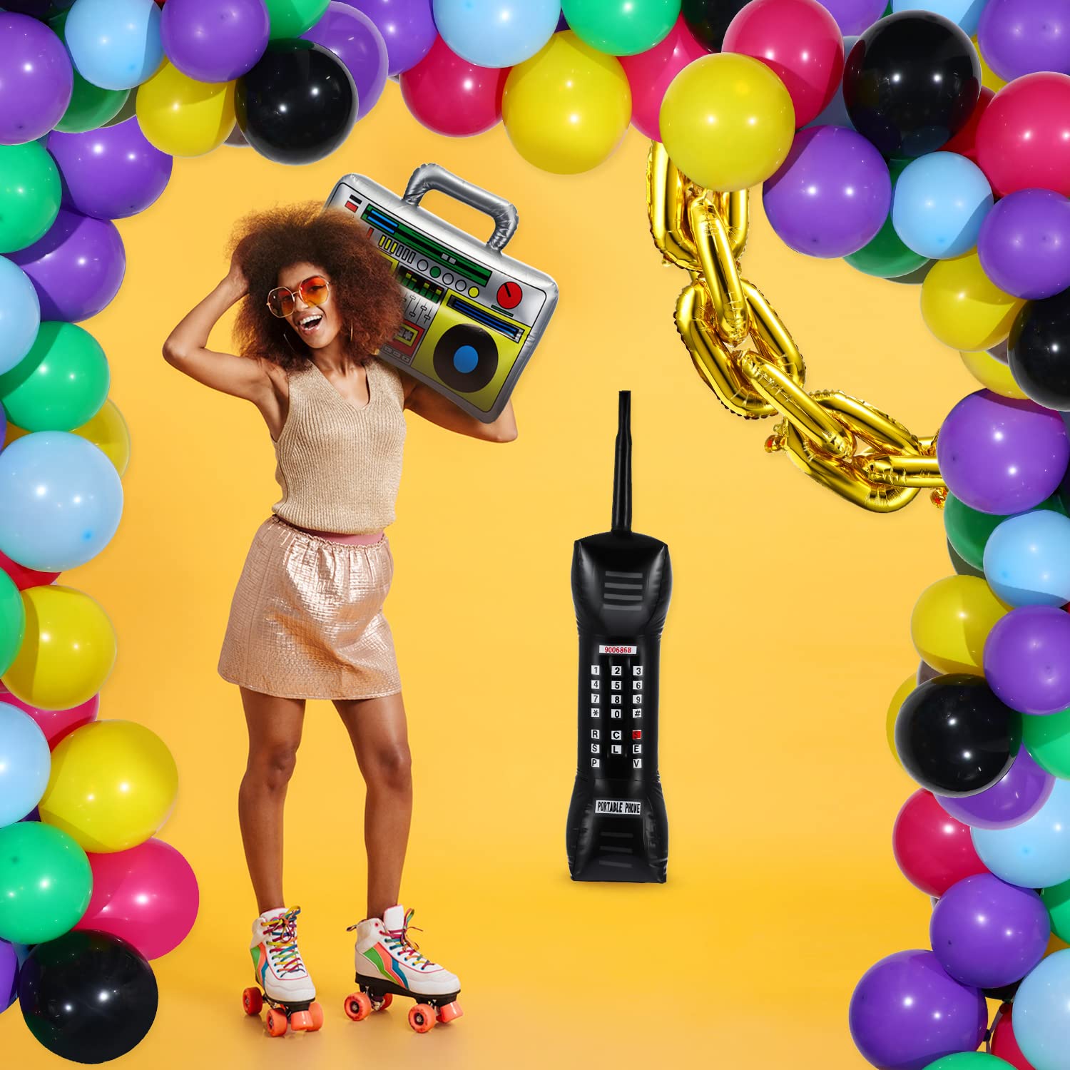 90S 80S Theme Party Balloons Backdrop Decorations Inlcude Inflatable Boom Box Inflatable Retro Mobile Phone Gold Chain Balloons 90s Balloon Garland Kit for Back to 90S 80S Party for Birthday Decor