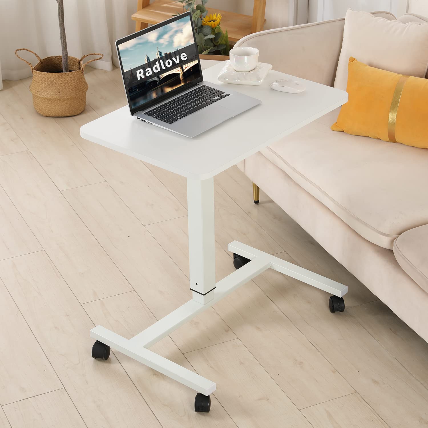 Mobile Standing Desk Height Adjustable Sit to Stand Table, 28 x 20'' Pneumatic Laptop Desk with Gas Spring Riser, Overbed Table with Lockable Wheels for Offices, Home, Medical (White)