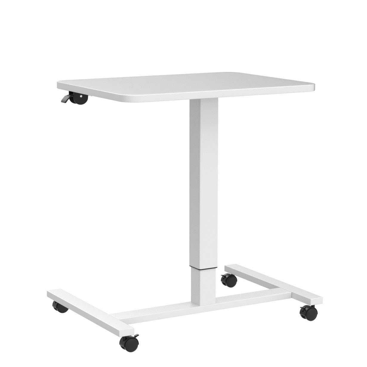 Mobile Standing Desk Height Adjustable Sit to Stand Table, 28 x 20'' Pneumatic Laptop Desk with Gas Spring Riser, Overbed Table with Lockable Wheels for Offices, Home, Medical (White)