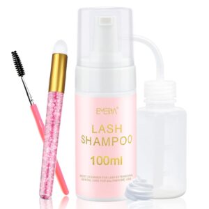 emeda lash shampoo for extensions - 100ml gentle foam lash cleanser, oil-free cleaner for wash eyelash bath with rinse bottle brush