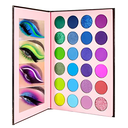 High Pigmented Eyeshadow Palette, 24 Colors with Green Blue Purple Matte Shimmer Glitter Eye Shadow Pallets, DE’LANCI Professional Waterproof Longlasting Makeup Pallettes for Green Blue Hazel Eyes