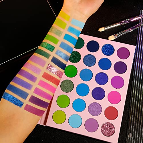 High Pigmented Eyeshadow Palette, 24 Colors with Green Blue Purple Matte Shimmer Glitter Eye Shadow Pallets, DE’LANCI Professional Waterproof Longlasting Makeup Pallettes for Green Blue Hazel Eyes