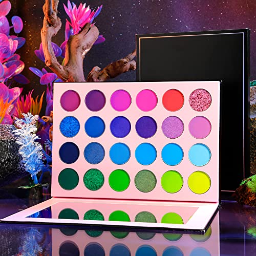 High Pigmented Eyeshadow Palette, 24 Colors with Green Blue Purple Matte Shimmer Glitter Eye Shadow Pallets, DE’LANCI Professional Waterproof Longlasting Makeup Pallettes for Green Blue Hazel Eyes