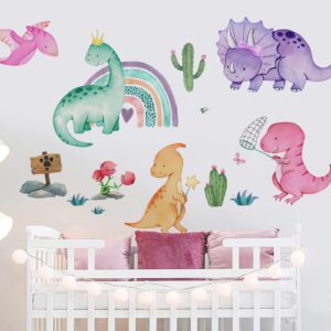 yovkky watercolor girls dinosaur wall decals stickers, dino rainbow cactus nursery decor, tropical plant home decorations kids bedroom playroom toddler baby shower room art gift