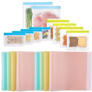homgen exclusive innovation 8pcs refrigerator liners&10pcs reusable snack bags for kids set (4 reusable sandwich bags, 4 reusable snack bags, 2 freezer gallon bags) perfect for fridge used