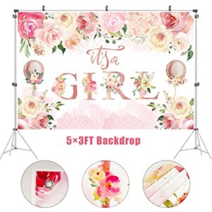 Baby Shower Decorations for Girl,Floral Theme Girl Baby Shower Balloons,It Is A Girl Backdrop Sign for Pink Baby Shower Party Supplies