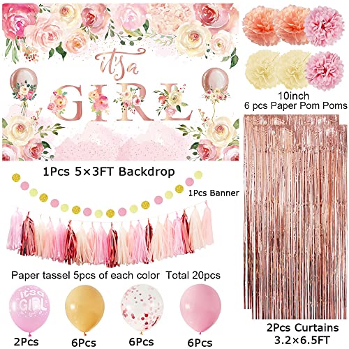 Baby Shower Decorations for Girl,Floral Theme Girl Baby Shower Balloons,It Is A Girl Backdrop Sign for Pink Baby Shower Party Supplies