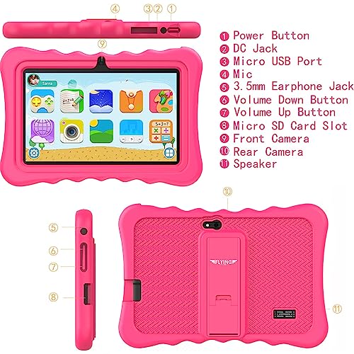 FLYINGTECH Kids Tablet 7 inch Android Tablet for Kids(Ages 2-12), 2GB RAM 32GB ROM Toddler Tablet, Dual Camera, WiFi, Google Certificated for Boys Girls with Pink Protective Case 2023