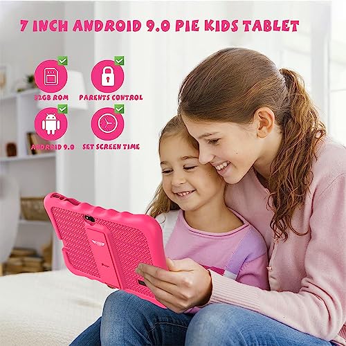 FLYINGTECH Kids Tablet 7 inch Android Tablet for Kids(Ages 2-12), 2GB RAM 32GB ROM Toddler Tablet, Dual Camera, WiFi, Google Certificated for Boys Girls with Pink Protective Case 2023