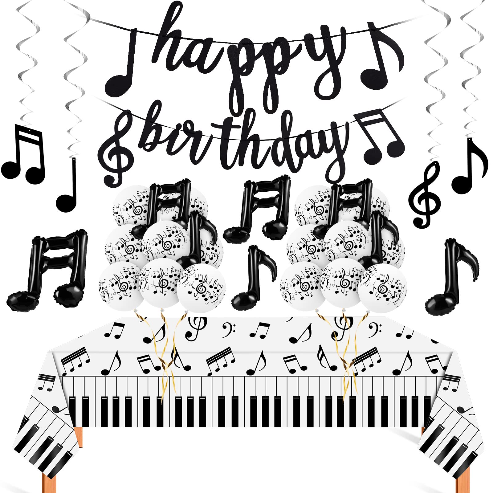 40 Pieces Music Theme Party Decorations Set Include Music Note Latex Balloons Foil Balloons Note Hanging Swirls Happy Birthday Banner and Disposable Note Tablecloth for Birthday Wedding Party Supplies