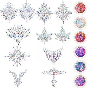 8 pieces halloween jewels tattoo body gems rhinestone sticker with 6 boxes chunky holographic face hair glitter crystals face stickers jewels for rave festival makeup(vivid style)