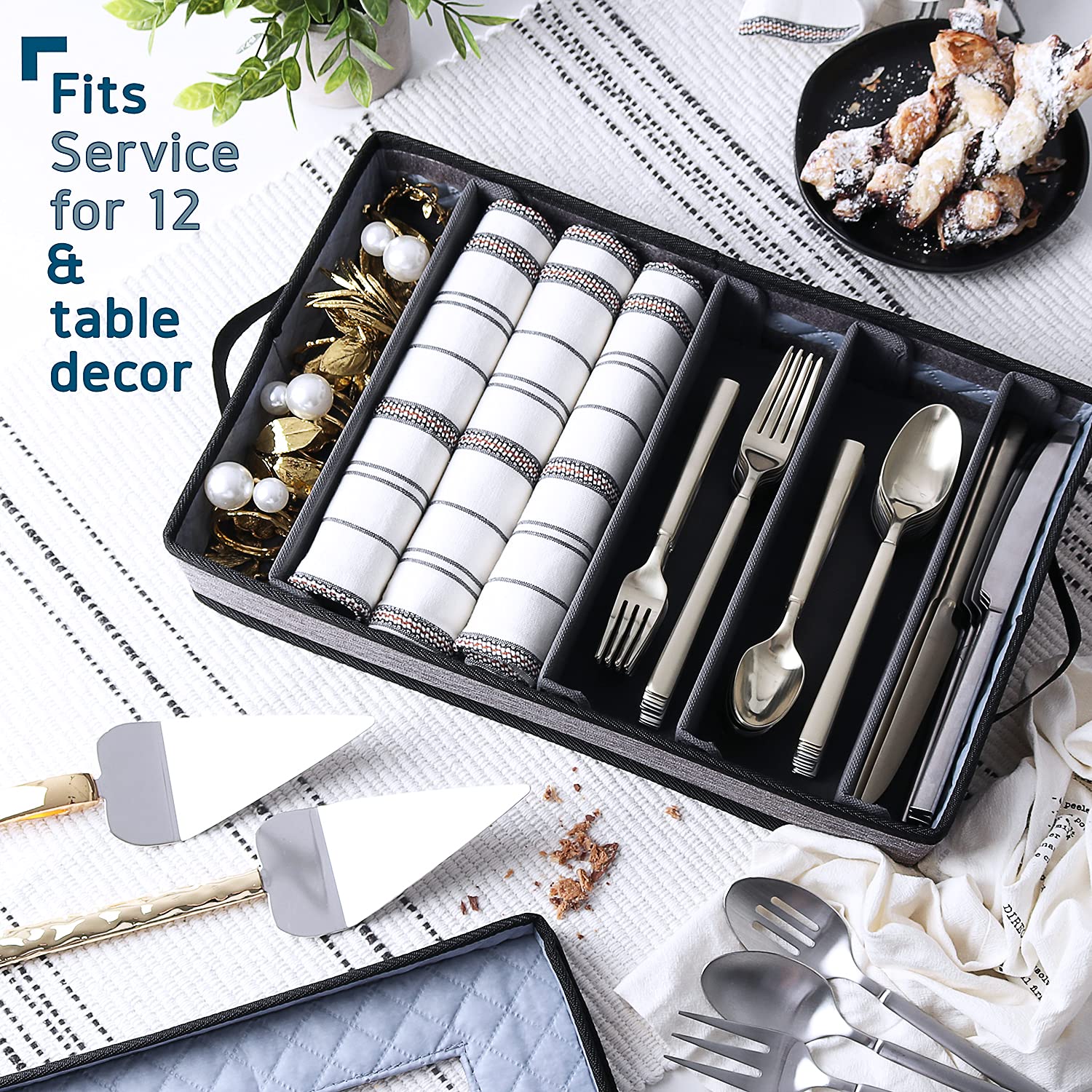 Flatware & Utensil Storage - Durable Silverware Storage Box with Padded Dividers, 5 Compartment Flatware Storage Case, Silverware Case with Handles and Removable Lid - Protects and Organizes Cutlery