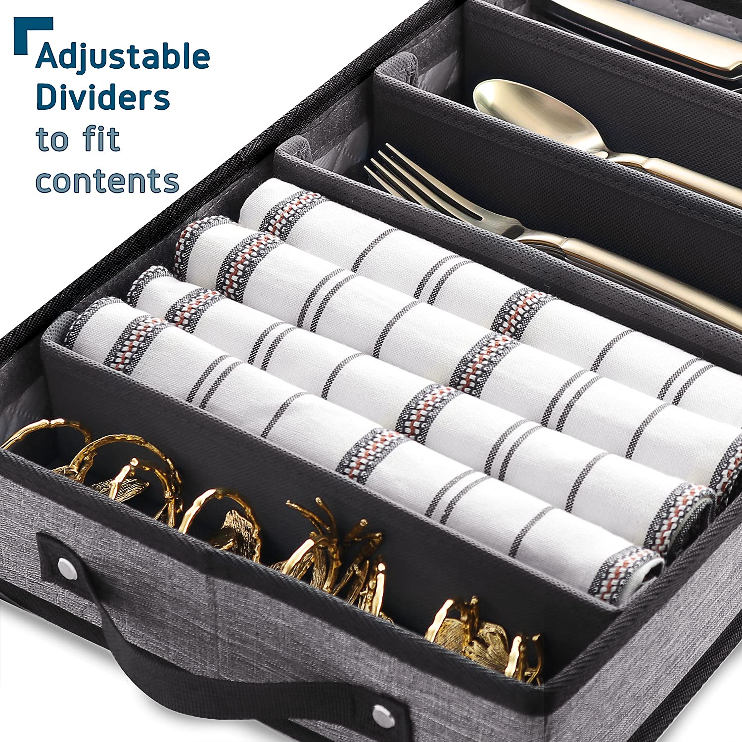 Flatware & Utensil Storage - Durable Silverware Storage Box with Padded Dividers, 5 Compartment Flatware Storage Case, Silverware Case with Handles and Removable Lid - Protects and Organizes Cutlery