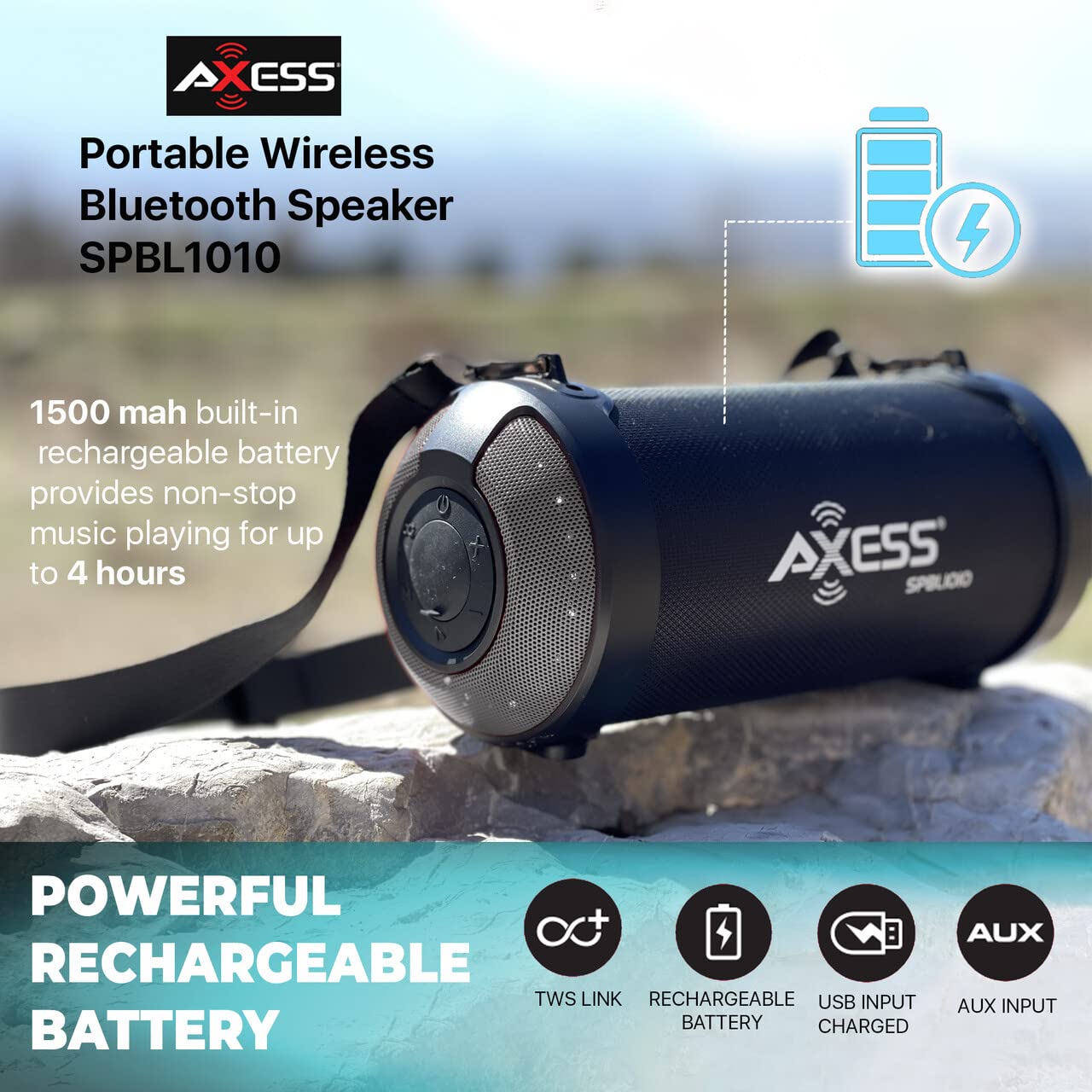 Axess Portable Wireless Bluetooth Speaker — USB C, FM Radio, & Aux Inputs 3” Speaker for Rich Sound & Bass with LED Lights, TWS+ Link, Good for Home Or Outdoor Use SPBL1010 Small Bluetooth Speaker