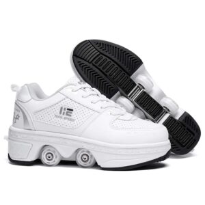 kofuboke 2-in-1 roller skates & sneakers unisex retractable wheels outdoor fun & fitness kick roller shoes (white without light, 8)