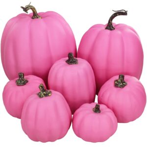 7 Pcs Assorted Sizes Hot Pink Artificial Pumpkins Fall Decorative Pumpkins Deep Pink Foam Pumpkins for Gifts Fall Halloween Thanksgiving Wedding Baby Shower Farmhouse Table Centerpiece Mantel Decor