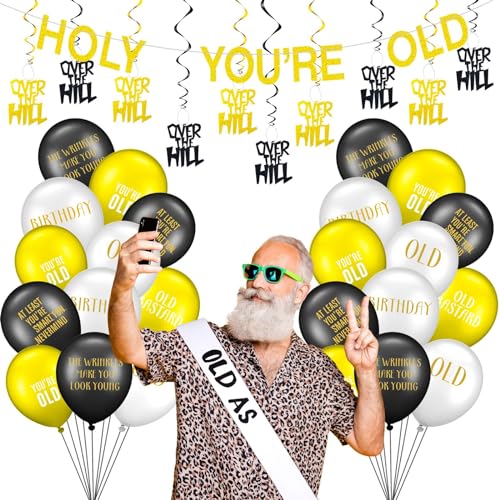 36 Pcs Holy Shit You're Old Banner Birthday Decoration Gold Glitter Banner Old As Shit White Sash Over The Hill Hanging Swirls Black and Gold Balloons Funny Old Age Birthday Retirement Party Supplies