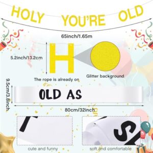 36 Pcs Holy Shit You're Old Banner Birthday Decoration Gold Glitter Banner Old As Shit White Sash Over The Hill Hanging Swirls Black and Gold Balloons Funny Old Age Birthday Retirement Party Supplies