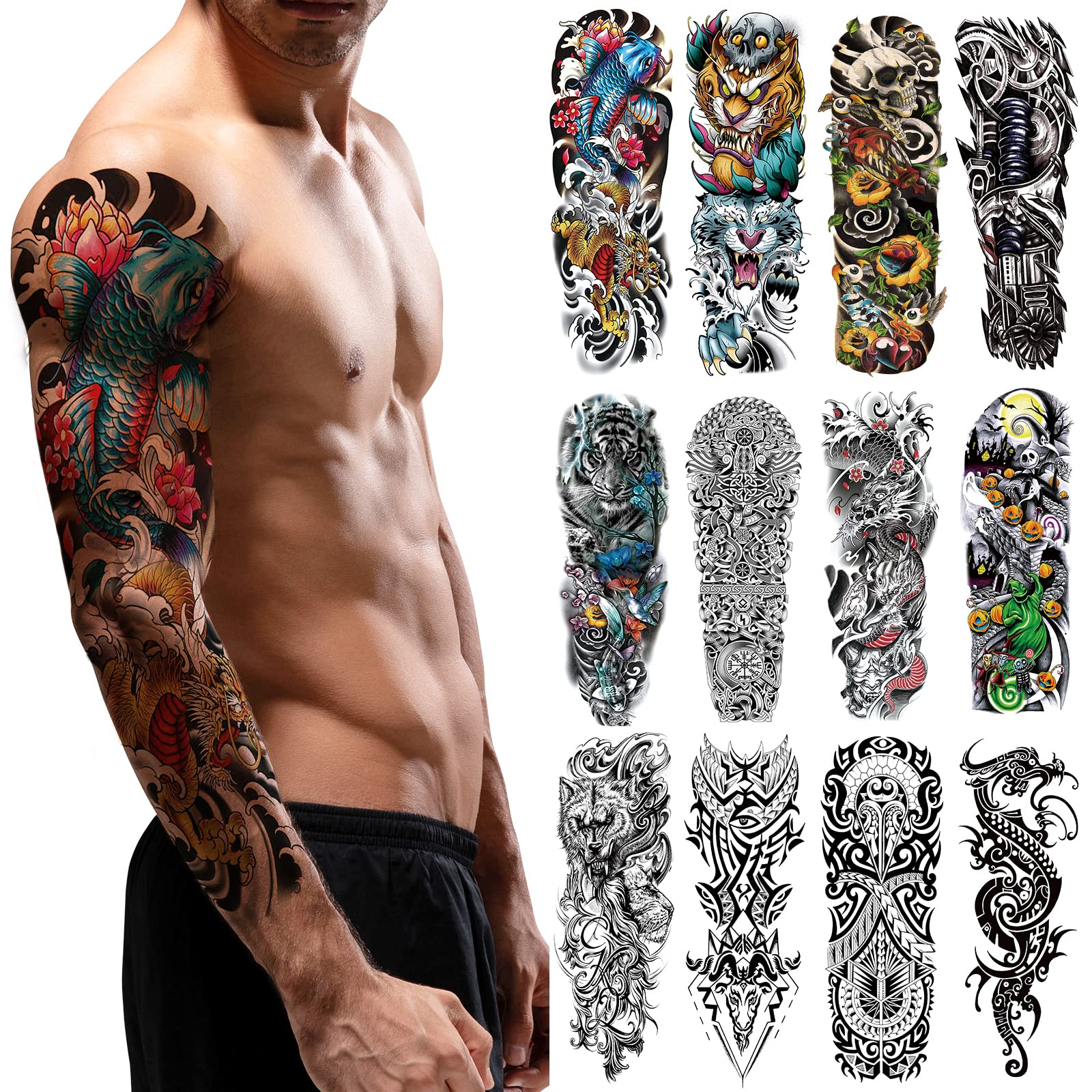 PUNKTUM Temporary Tattoos for Men and teens 12 sheets (L19“xW7”), Full Arm Temporary Tattoos for Halloween Realistic Sleeve Tattoos Waterproof and Long lasting