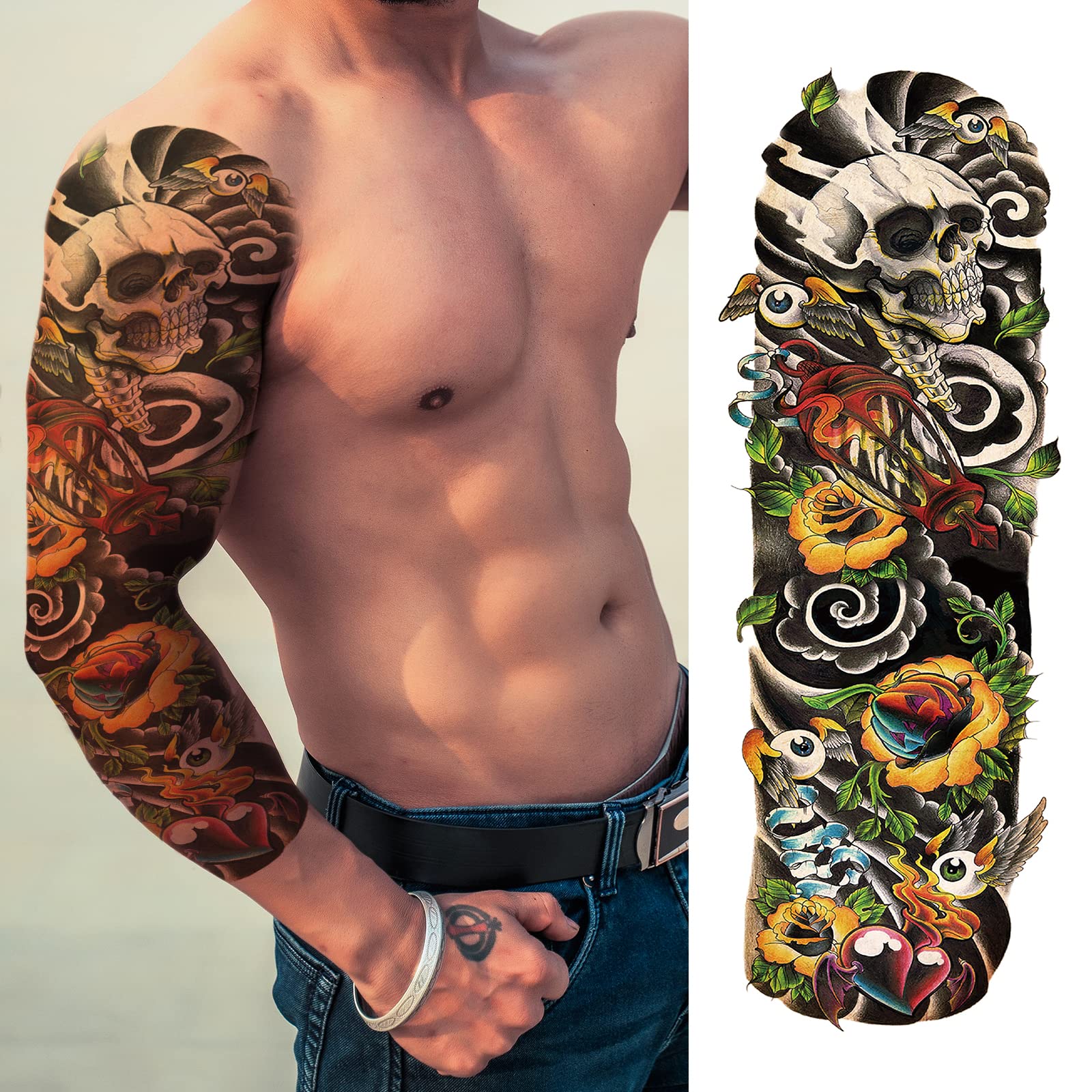 PUNKTUM Temporary Tattoos for Men and teens 12 sheets (L19“xW7”), Full Arm Temporary Tattoos for Halloween Realistic Sleeve Tattoos Waterproof and Long lasting