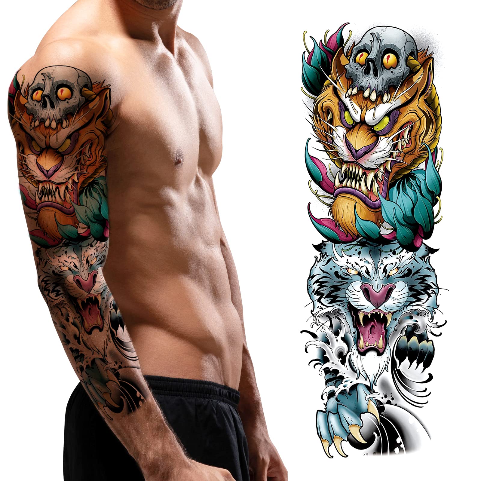 PUNKTUM Temporary Tattoos for Men and teens 12 sheets (L19“xW7”), Full Arm Temporary Tattoos for Halloween Realistic Sleeve Tattoos Waterproof and Long lasting