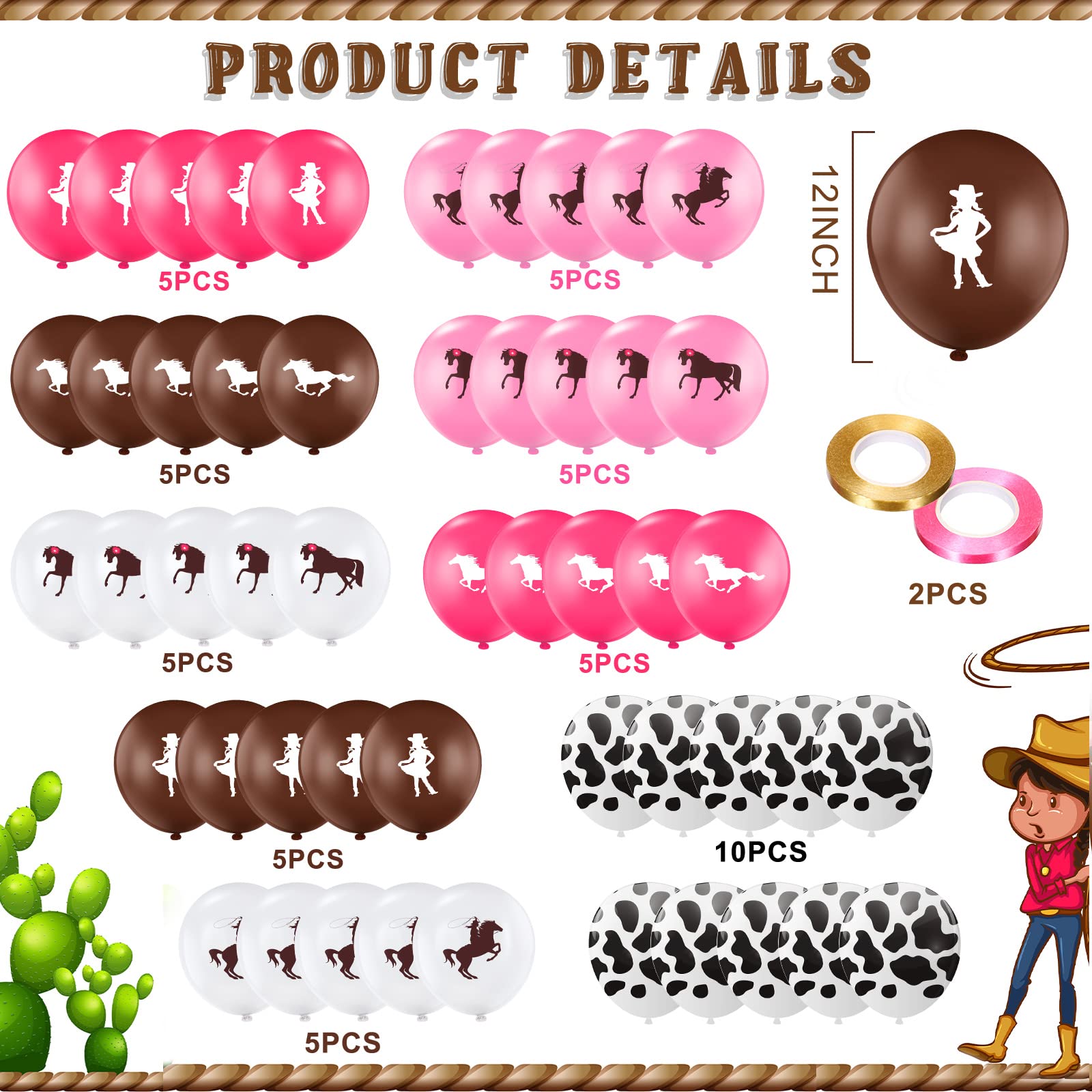 50 Pcs Cowgirl Balloons 12 Inch Western Cowgirl Cowboy Theme Party Decorations Bachelorette Birthday Cow Print Latex Balloons Pink Brown Balloons for Cowgirl Bachelorette Party Supplies