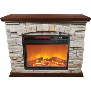 lifesmart large square infrared faux stone fireplace, fake fireplace heater with mantel and adjustable settings for living room, bedroom