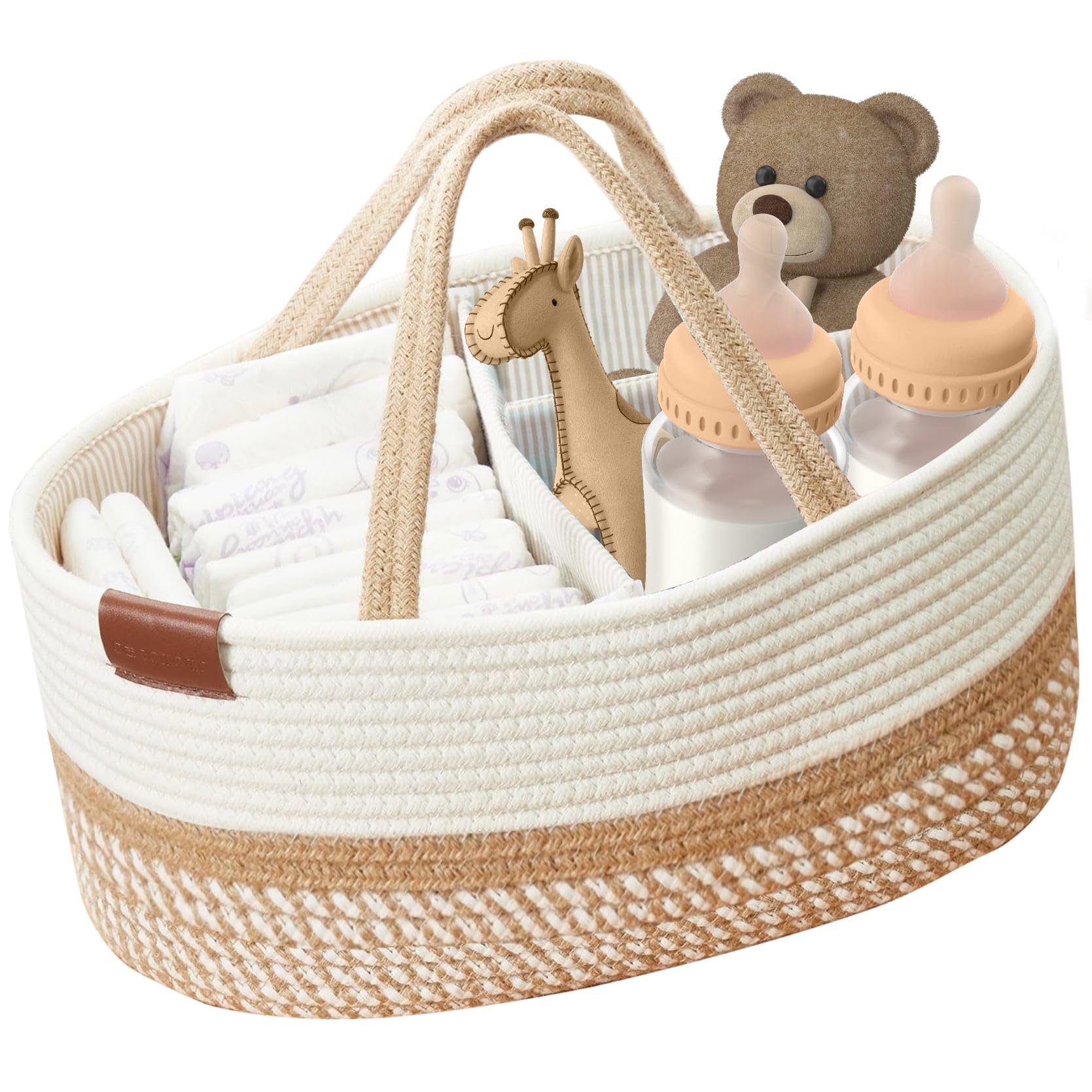 DECOMOMO Diaper Caddy, Baby Diaper Caddy Basket, Diaper Organizer for Changing Table Girl Boy Gift (Spiral Beige & White, Large)