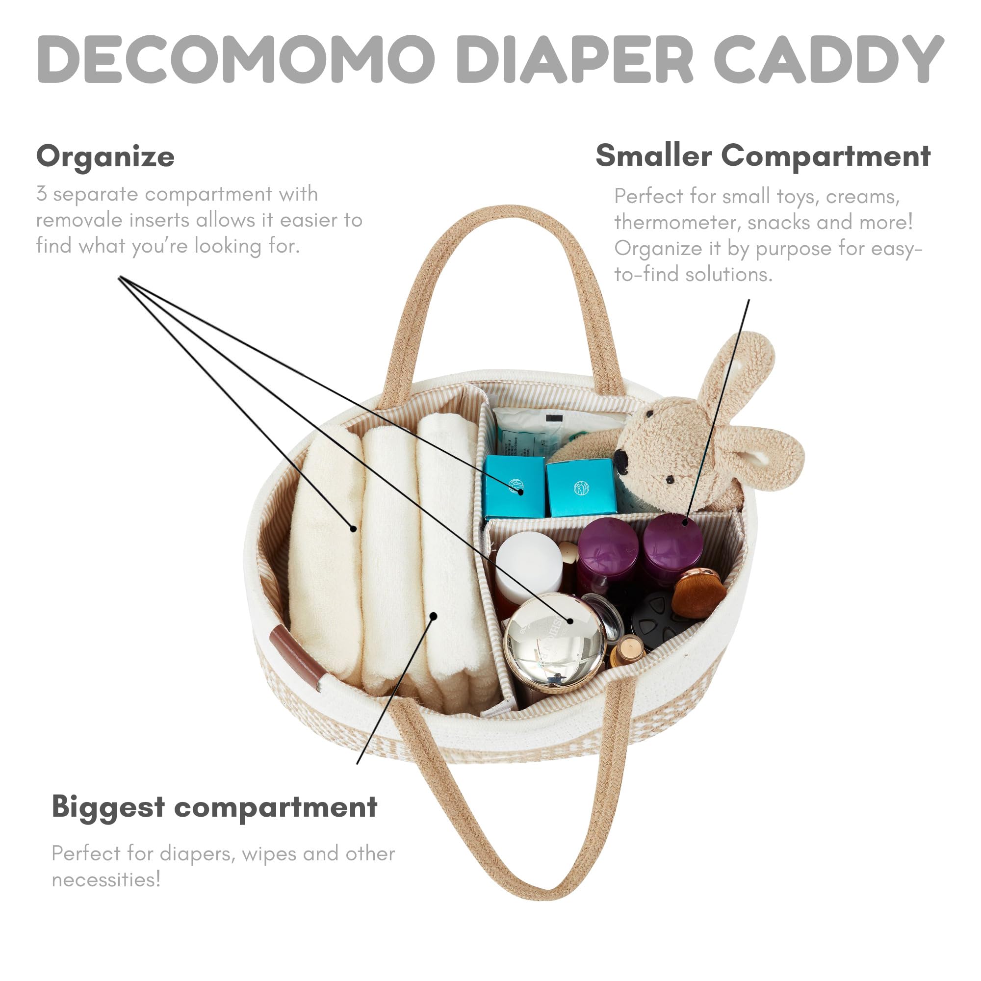 DECOMOMO Diaper Caddy, Baby Diaper Caddy Basket, Diaper Organizer for Changing Table Girl Boy Gift (Spiral Beige & White, Large)