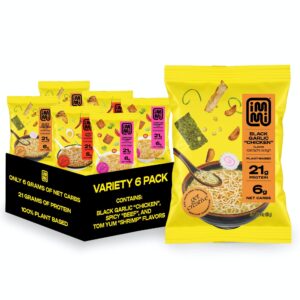 immi variety pack ramen, black garlic "chicken", tom yum "shrimp", spicy "beef", 100% plant based, keto friendly, high protein, low carb, packaged noodle meal kit, ready to eat, 6 pack