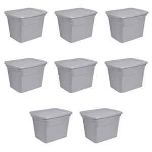 sterilite 18 gal storage tote, stackable bin with lid, plastic container to organize clothes in closet, basement, gray base and lid, 8-pack