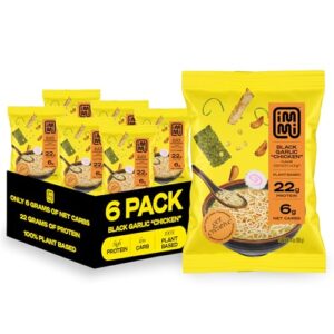 immi black garlic "chicken" ramen, 100% plant based, keto friendly, low carb, high protein, packaged noodle meal kit, ready to eat, 6 pack