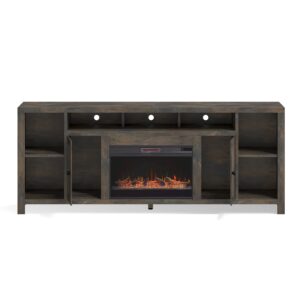 bridgevine home rustic joshua creek fireplace tv stand entertainment center, accommodates tvs up to 95 inches, fully assembled knotty alder solid wood, 84 inches, barnwood finish