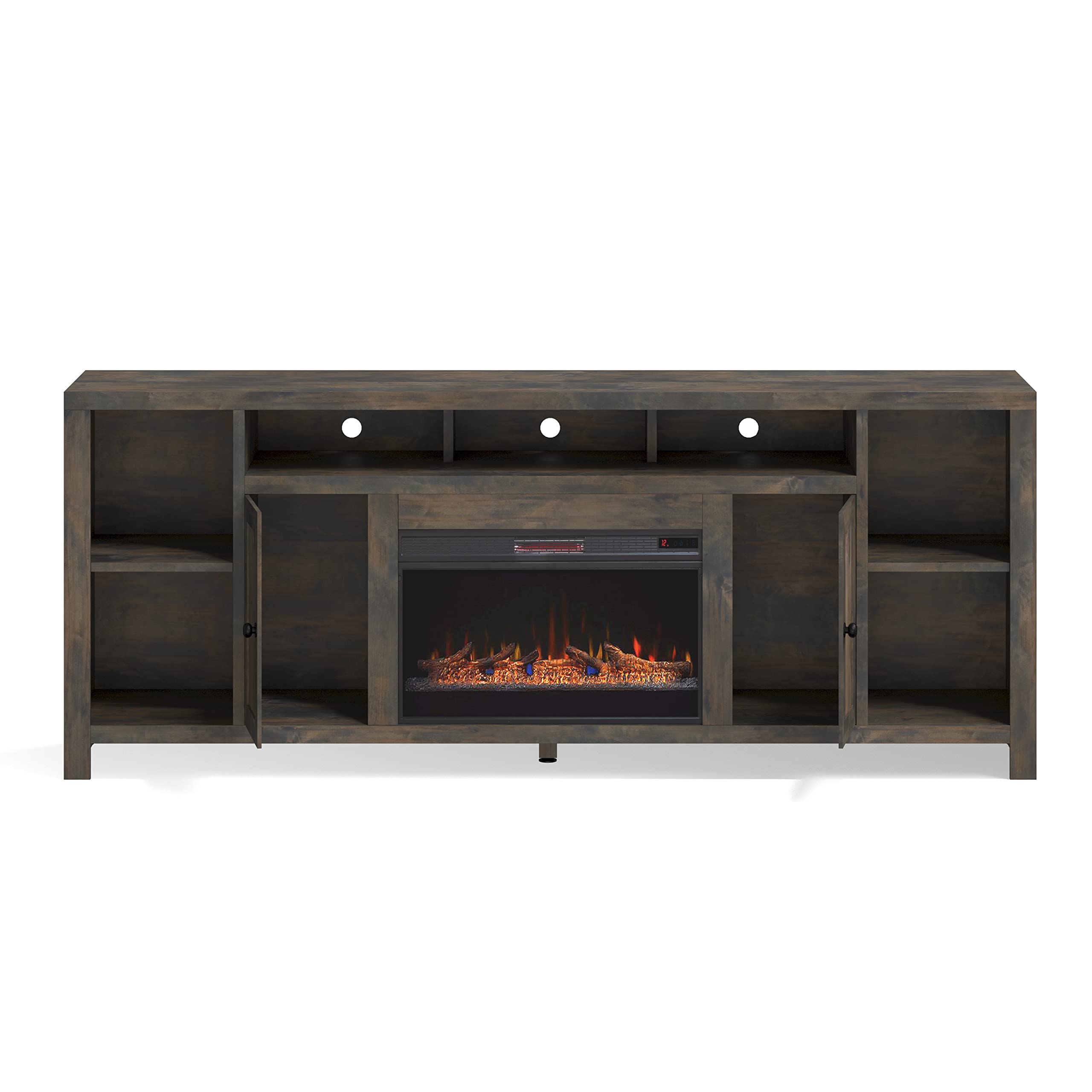 Bridgevine Home Rustic Joshua Creek Fireplace TV Stand Entertainment Center, Accommodates TVs up to 95 Inches, Fully Assembled Knotty Alder Solid Wood, 84 Inches, Barnwood Finish