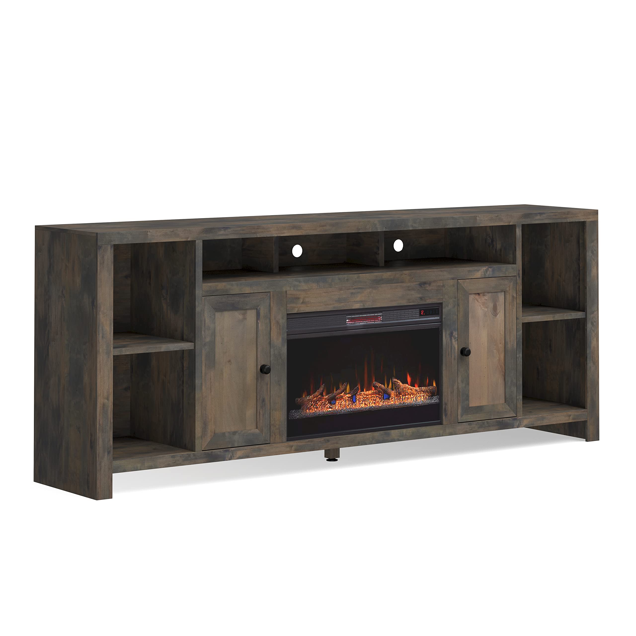 Bridgevine Home Rustic Joshua Creek Fireplace TV Stand Entertainment Center, Accommodates TVs up to 95 Inches, Fully Assembled Knotty Alder Solid Wood, 84 Inches, Barnwood Finish