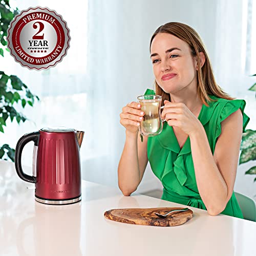 OVENTE Stainless Steel Electric Kettle Hot Water Boiler 1.7 Liters - Powerful 1750W BPA Free with Auto Shut Off & Boil Dry Protection, Portable Instant Hot Water Pot for Coffee & Tea - Maroon KS711M